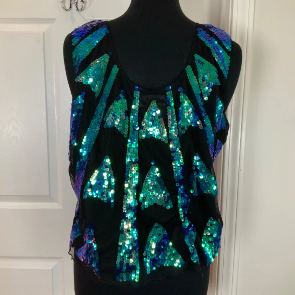 Peacock Sequins Blue Green Sleeveless Party Evening Tank Size 2X - Picture 3 of 5